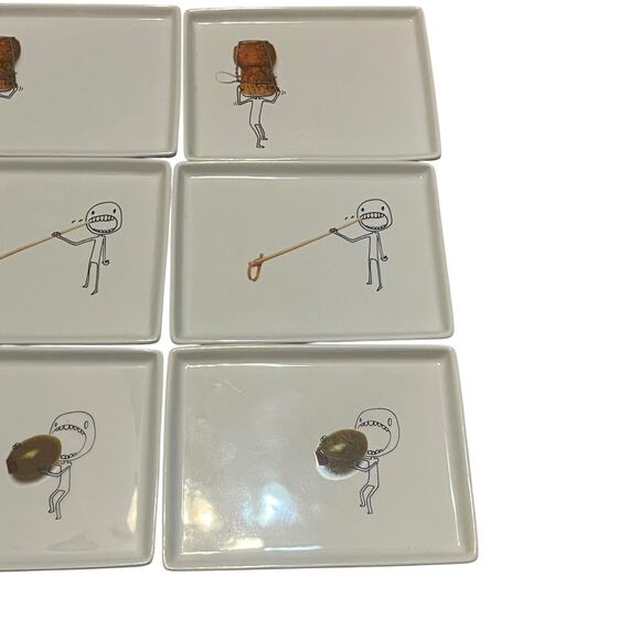 Crate & Barrel CB2 2009 Oliver Appetizer Plates Cork Olive Toothpick Set of 6 - Picture 3 of 4